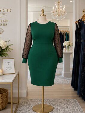 Dress Elegant Green Sheer-Sleeve Wedding Cocktail Dress